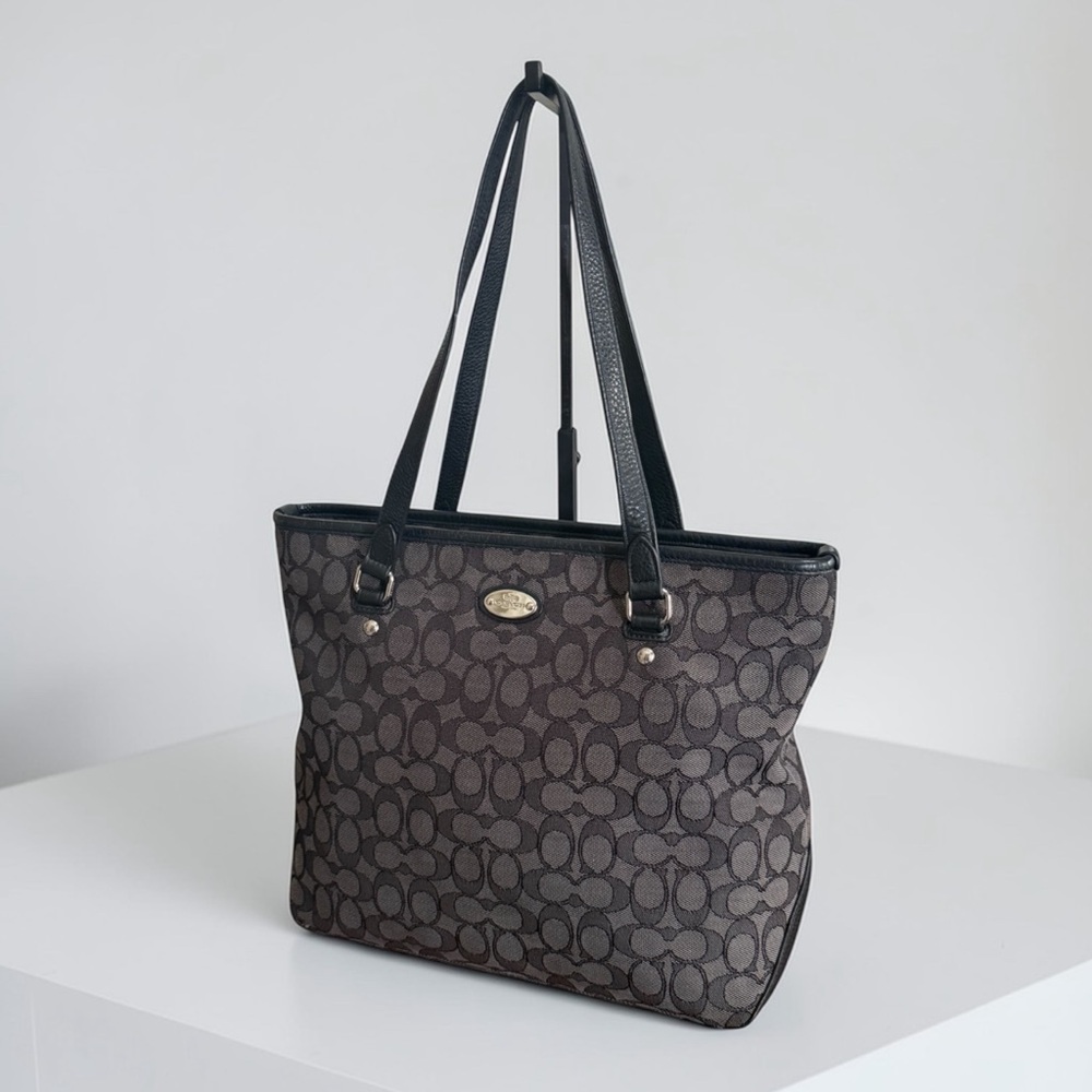 Authentic Coach Signature Black Grey Zip Top Tote Bag - Picture 2 of 13